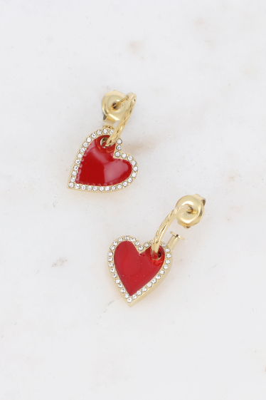 Wholesaler Bohm - Hoop earrings - enameled heart embellished with zirconium oxides