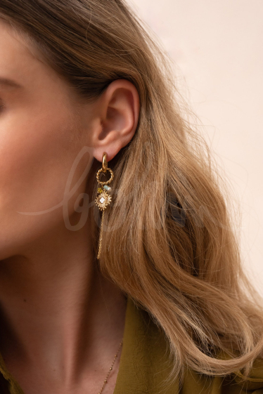 Wholesaler Bohm - Stainless steel Hoop earrings - semi precious stones, enameled clover pendant