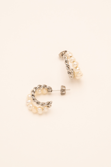 Grossiste Bohm - Créoles Midnia - double anneau, torsadé et perles d'eau douce