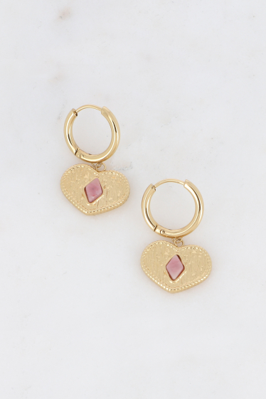 Wholesaler Bohm - Hoop earrings - textured heart pendant & semi precious diamond stone