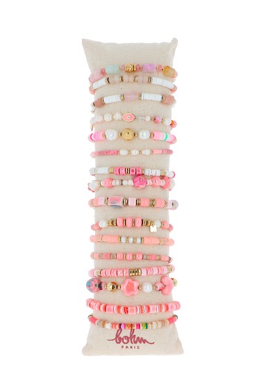 Wholesaler Bohm - Set of 16 elastic bracelets - gold & pink