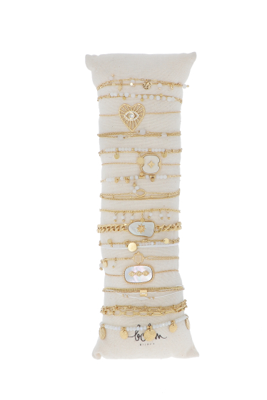 Grossiste Bohm - Kit de 16 bracelets en acier - doré agate blanche V2 - présentoir offert