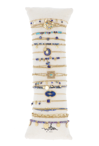 Grossiste Bohm - Kit de 16 bracelets en acier inoxydable - doré lapis lazuli