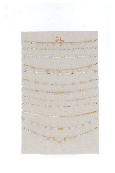 Grossiste Bohm - Kit de 24 colliers en acier inoxydable - doré blanc - présentoir offert