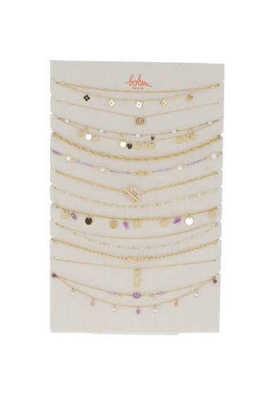 Grossiste Bohm - Kit de 28 (14+14) colliers en acier inoxydable - doré violet - Présentoir offert