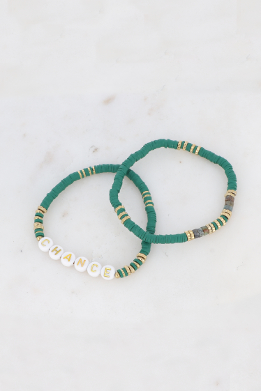Grossiste Bohm - Lot de 2 bracelets élastiques CHANCE - perles Heishi & pierres naturelles