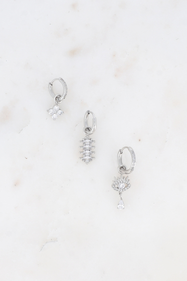 Wholesaler Bohm - Set of 3 Hoop earrings - stainless steel with crystal (clover, almonds and eye)