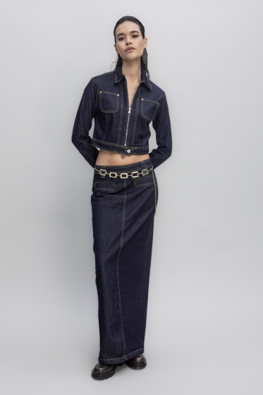 Wholesaler BSL - Chic Set of Long Denim Skirt and Cropped Jacket with Contrast Stitching - BSL