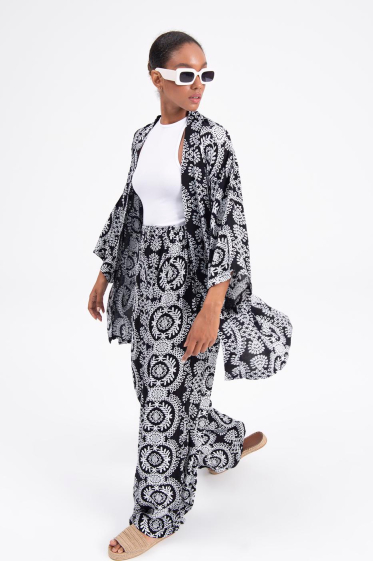 Mayorista BSL - Conjunto de Kimono estampado y Pantalón baggy de cintura alta - BSL