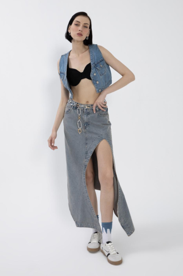 Wholesaler BSL - Denim Midi Skirt with Deep Asymmetrical Slit - BSL
