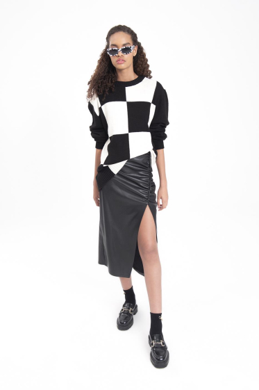 Wholesaler BSL - Draped Slit Faux Leather Midi Skirt