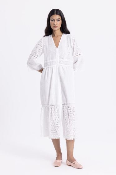 Wholesaler BSL - Midi shirt dress with embroidered V-neck collar - BSL