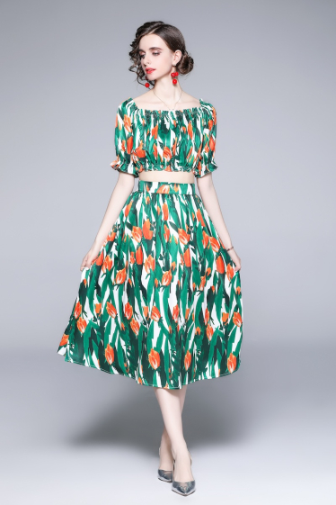 Grossiste BY GRAZIELLA - Crop top et jupe taille haute Turquoise et orange