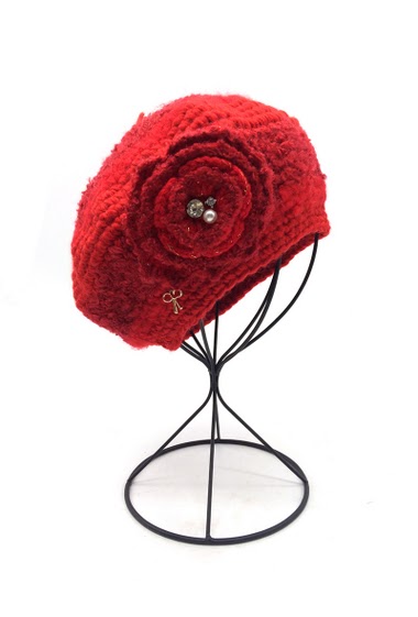 Wholesaler By Oceane - CROCHET BERET WITH STONE & FLORAL MOTIF