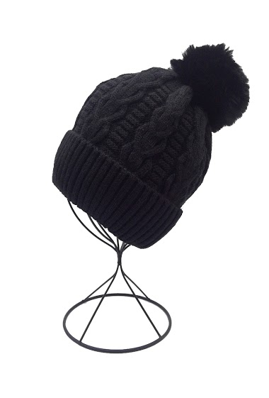 Wholesaler By Oceane - CABLE BEANIE WITH REVERSED BEAM-FLEECE LINING, REMOVABLE POM-POM