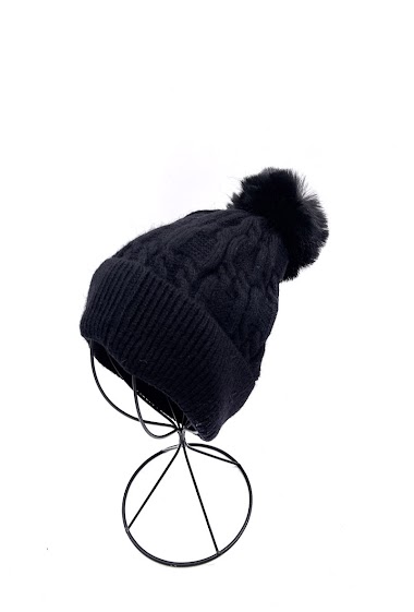 Wholesaler By Oceane - KNIT BEANIE WITH REVERSED BEAM -FLEECE LINING, REMOVABLE POM-POM