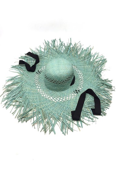 Wholesaler By Oceane - STRAW HAT WITH WIDE FRAY BRIM AND WIDE RIBBON TO HOLD UNDER THE CHIN