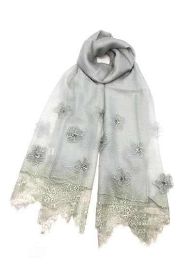 Mayorista By Oceane - SILK/ WOOL SCARF WITH LACE FRINGE AND FLORAL PATCHES
