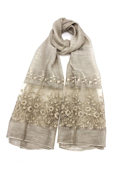 Wholesaler By Oceane - SILK/ WOOL SCARF WITH FLORAL MOTIFS DECORATED WITH GLASS STONES