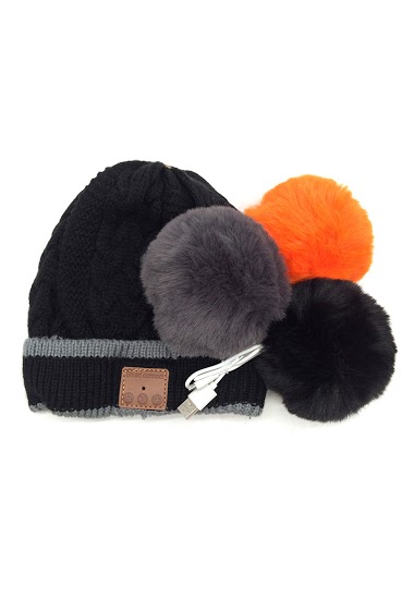 Wholesaler By Oceane - BLUETOOTH BEANIE SET WITH 3 FAKE FUR POMPOMS-FLEECE LINING