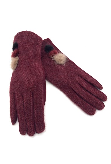 Wholesaler By Oceane - GLOVES IN CORDUROY LIKE FABRIC AND DECORATED WITH MINK POM-POMS. TOUCH SCREEN SENSITIVE