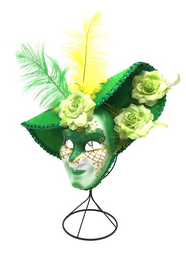Wholesaler By Oceane - VENEZIA MASK DECORATED WITH A BIG HAT, FLOWERS AND FEATHERS