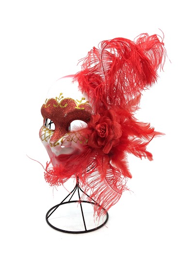 Wholesaler By Oceane - VENEZIA MASK DECORATED WITH FEATHERS AND A FLOWER MOTIF ON THE SIDE