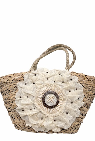 Wholesaler By Oceane - STRAW BASKET WITH FLOWER SHAPED LACE DECORATION