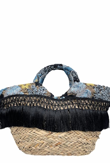 Wholesaler By Oceane - STRAW BASKET DECORATED WITH BLACK FRINGES AND COLORED FABRIC