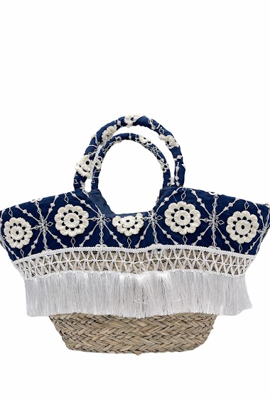 Wholesaler By Oceane - STRAW BAG DECORATED WITH FRINGES AND DENIM FABRIC