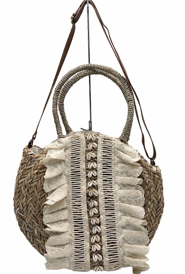 Wholesaler By Oceane - Round straw handbag decorated with black fringes and small shells