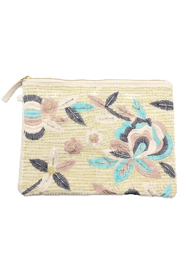 Wholesaler By Oceane - POUCH WITH OVERALL FLORAL EMBROIDERY, HAND SEWN SEQUINS AND GLASS BEADS