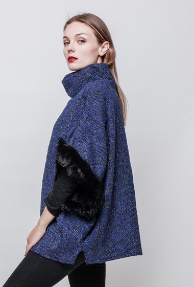 Wholesaler By Oceane - PONCHO WITH FAUX FUR ON SLEEVE OPENING