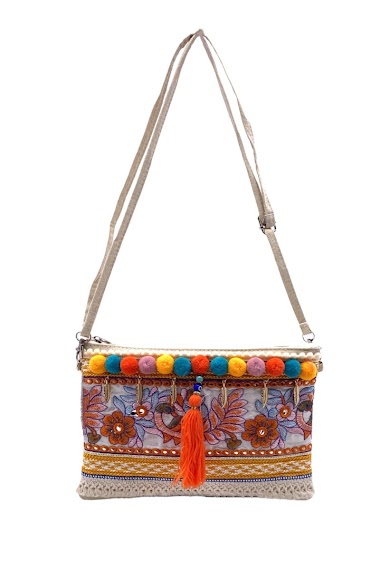 Wholesaler By Oceane - Colorful shoulder bag decorated with embroidered flowers and a fringe pompom