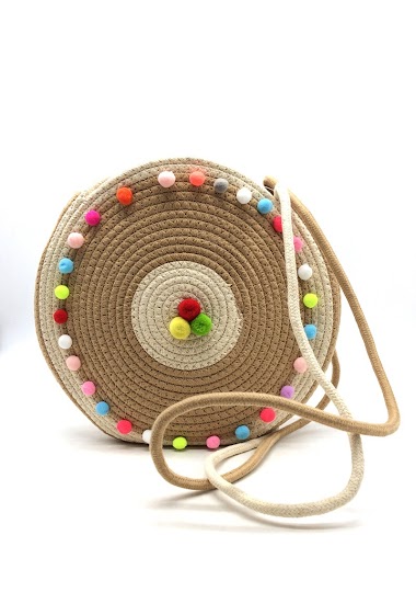Mayorista By Oceane - CIRCULAR WEAVED ROUND SHOULDER BAG DECORATED WITH COLORFUL POMPOMS