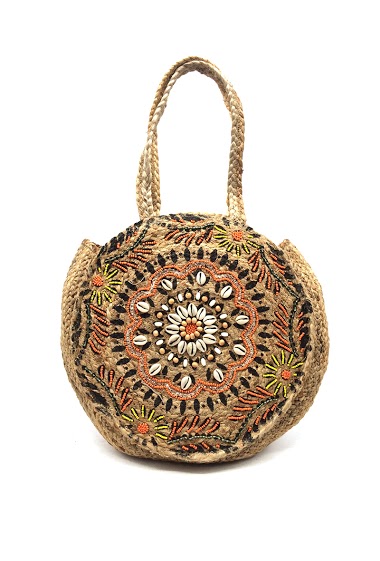 Mayorista By Oceane - CIRCULAR WEAVED ROUND SHOULDER BAG DECORATED WITH SHELLS AND BEADS AND HAND PAINTED MOTIFS