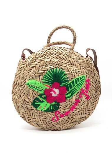 Wholesaler By Oceane - HAND WEAVED ROUND SHAPE HANDBAG WITH HIBISCUS EMBROIDERY