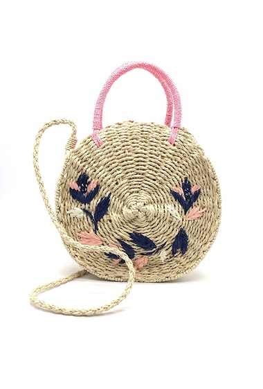 Wholesaler By Oceane - HAND WEAVED ROUND HANDBAG WITH FLORAL EMBROIDERY IN THE FRONT