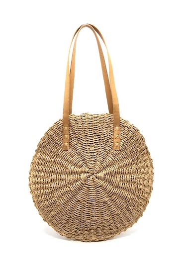 Wholesaler By Oceane - HAND WEAVED BIG AND FLAT ROUND HANDBAG WITH PU LEATHER STRAP