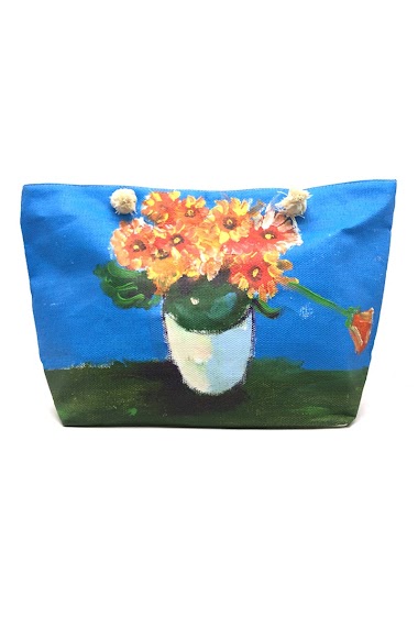 Wholesaler By Oceane - BEACH BAG WITH HAND PAINTED PICTURE OF A VASE OF FLOWERS