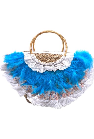 Mayorista By Oceane - HANDMADE BEACH BAG COVERED WITH LACE AND BLUE FEATHERS