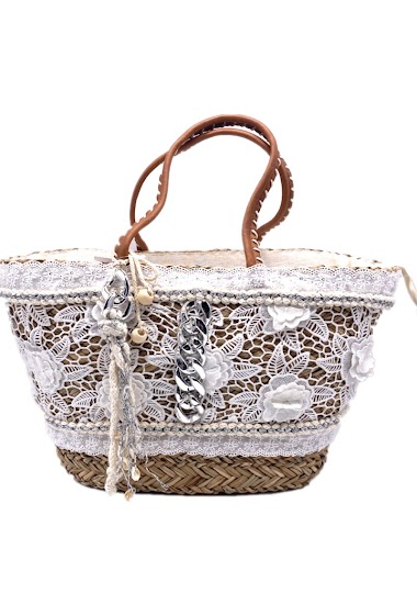 Wholesaler By Oceane - HANDMADE BEACH BAG WITH LACE DECORATION AND SILVER CHAIN