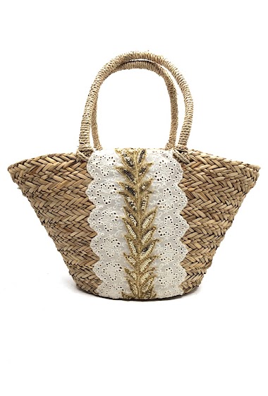 Wholesaler By Oceane - HAND WEAVED BEACH BAG WITH WIDE LACE RIBBON IN THE CENTER
