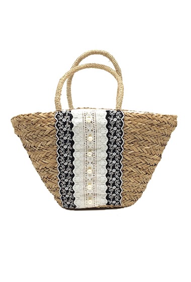 Wholesaler By Oceane - HAND WEAVED BEACH BAG WITH A BLACK RIBBON TAPE IN THE CENTER AND DECO WITH PEARLS