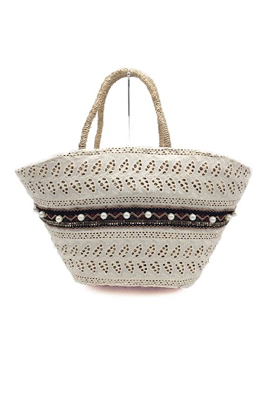 Wholesaler By Oceane - HAND WEAVED BEACH BAG COVERED WITH COTTON LACE AND DECORATED WITH PEARLS ON BLACK RIBBON