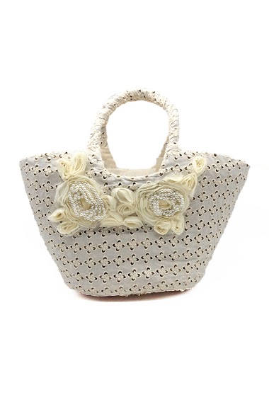 Wholesaler By Oceane - HAND WEAVED BEACH BAG COVERED WITH COTTON LACE FABRIC AND ROSE DECO