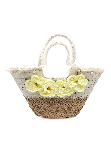 Wholesaler By Oceane - HAND WEAVED BEACH BAG HALFLY COVERED WITH COTTON LACE FABRIC.