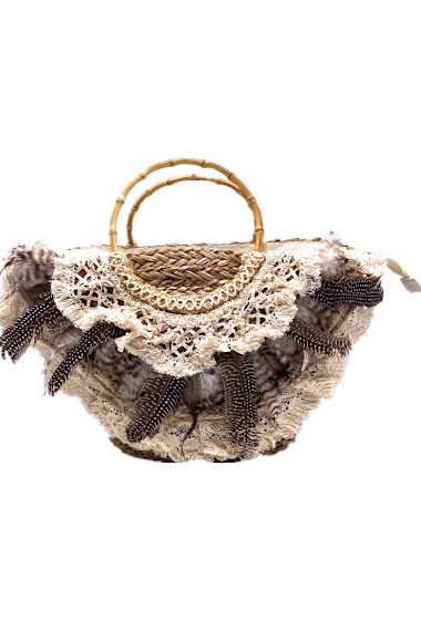 Wholesaler By Oceane - HANDMADE BEACH BAG WITH LACE AND FEATHER DECORATION