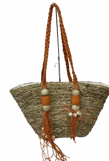Wholesaler By Oceane - Handmade beach bag with colored straps, wooden bead and fringed pompom