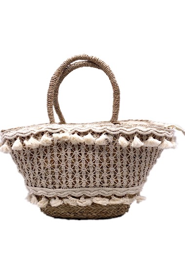 Wholesaler By Oceane - HANDMADE BEACH BAG COVERED WITH LACE AND SMALL POMPOMS WITH FRINGE